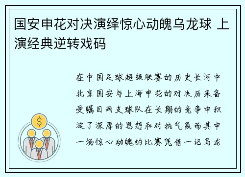 国安申花对决演绎惊心动魄乌龙球 上演经典逆转戏码